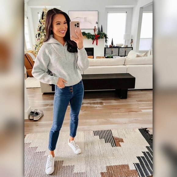 A264 • WAYF Light Heather Grey Zip Collar Knit Sweater - Picture 6 of 6